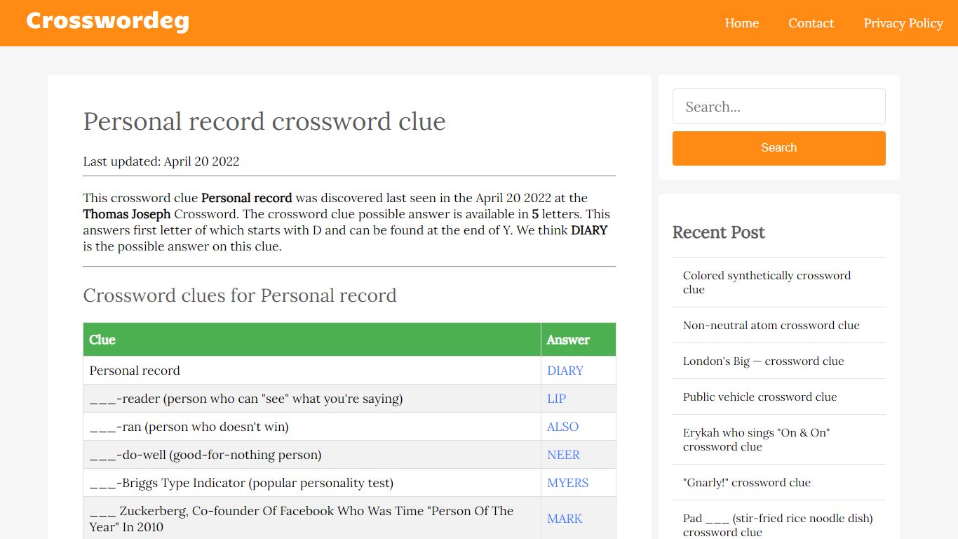 Personal record Crossword Clue Answers, Crossword Solver